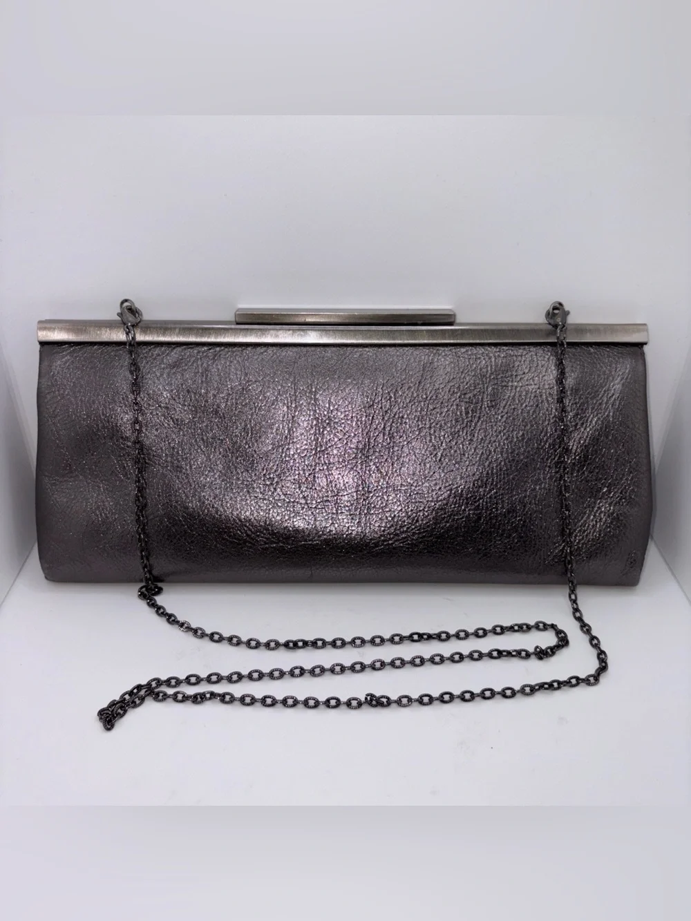 Tanner Italy Metallic Gunmetal Silver Leather Convertible Shoulder Clutch Bag